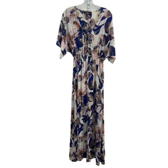 Lulu's Beige & Blue Floral Women's Blouson Dress, XS, Rayon, Long - Picture 1 of 4
